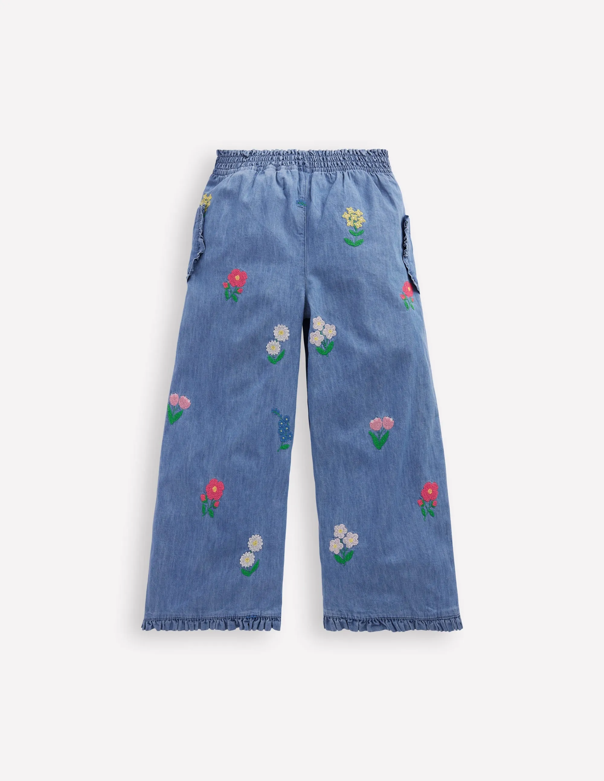 Nostalgic Frill Trousers-Chambray Cross Stitch Flowers