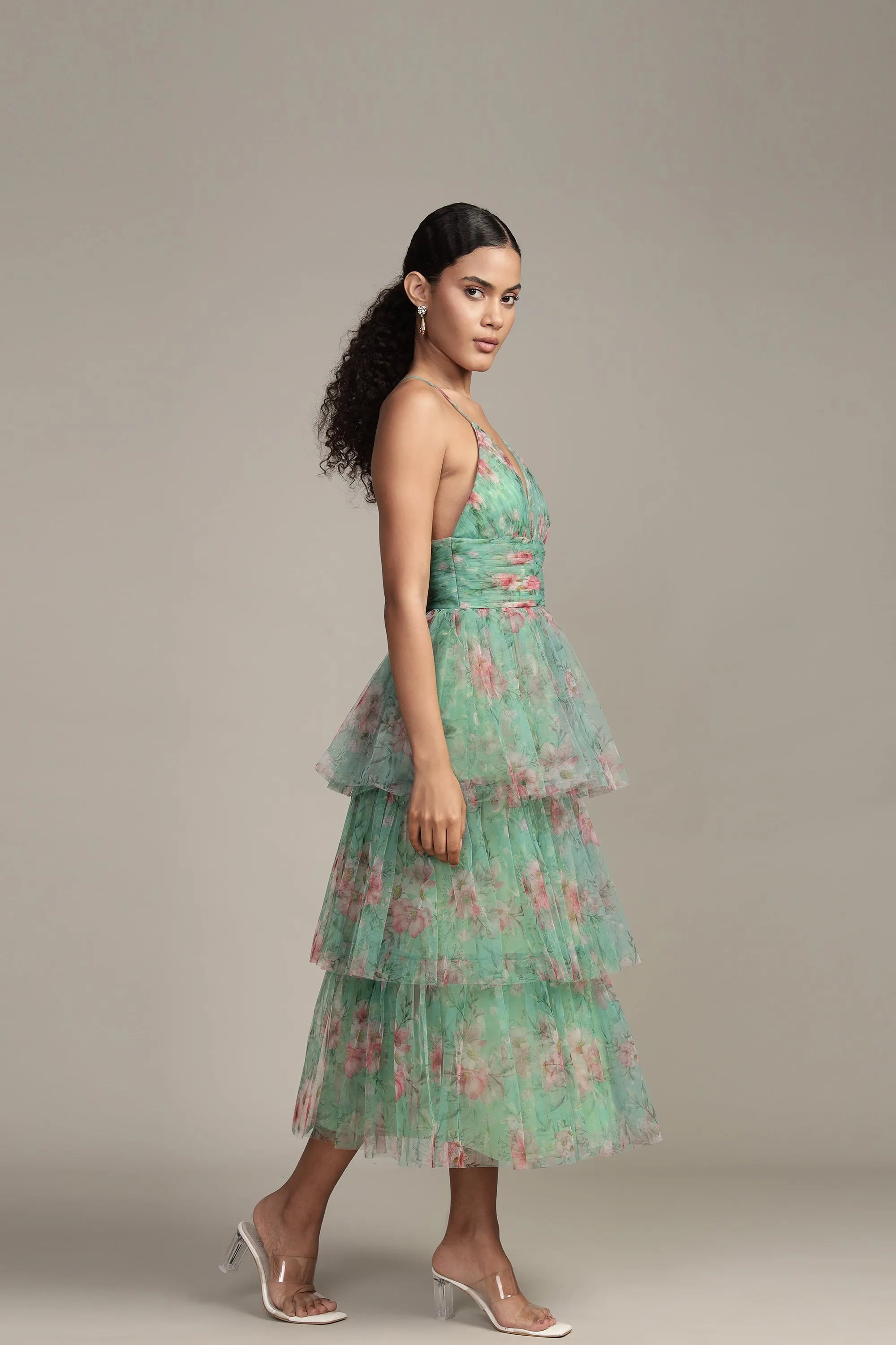 Odette Midi Dress in Green Floral