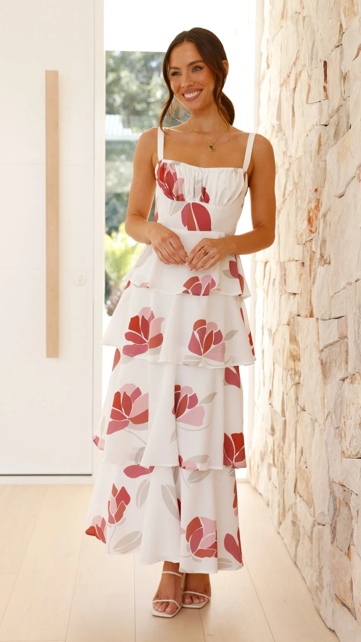 Odilia Maxi Dress - White/Pink Floral