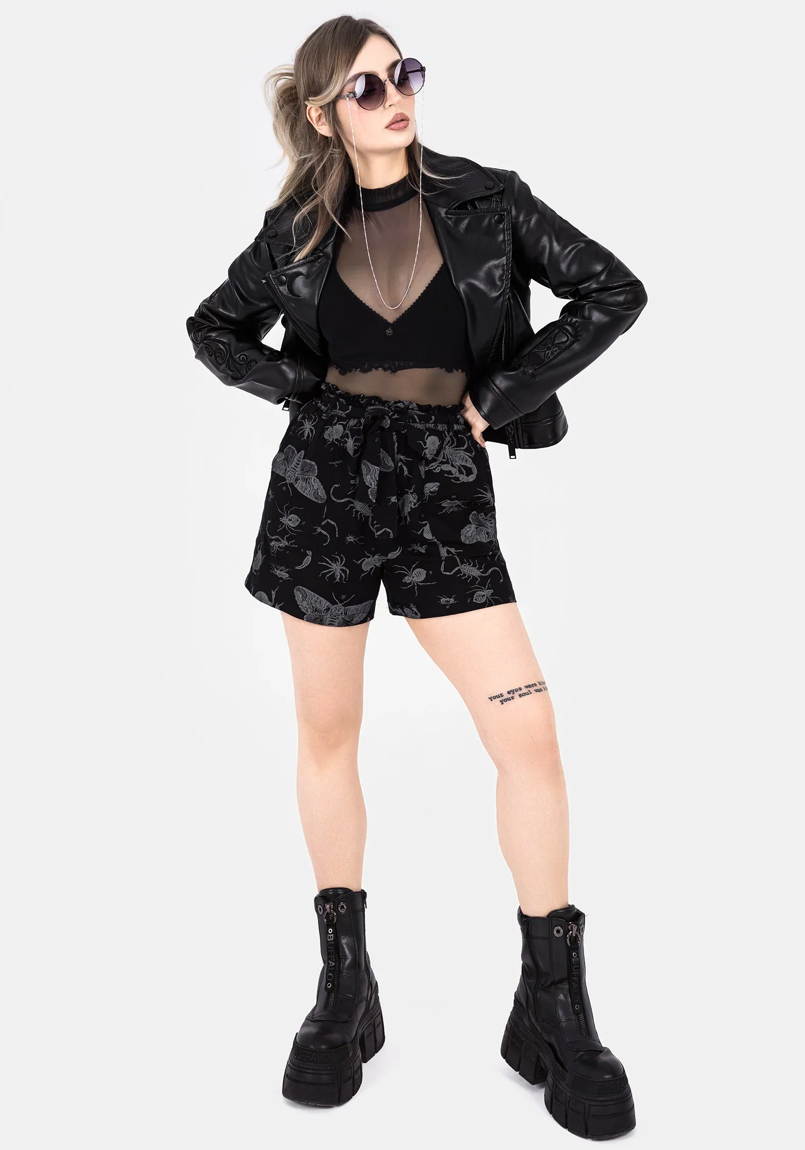 Parasite Bugs Tie Waist Paperbag Shorts - Black