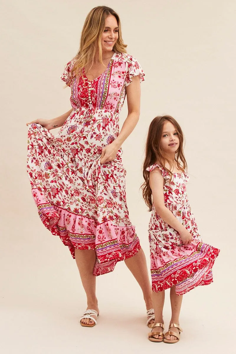 Pink Boho Kids Midi Dress Tiered