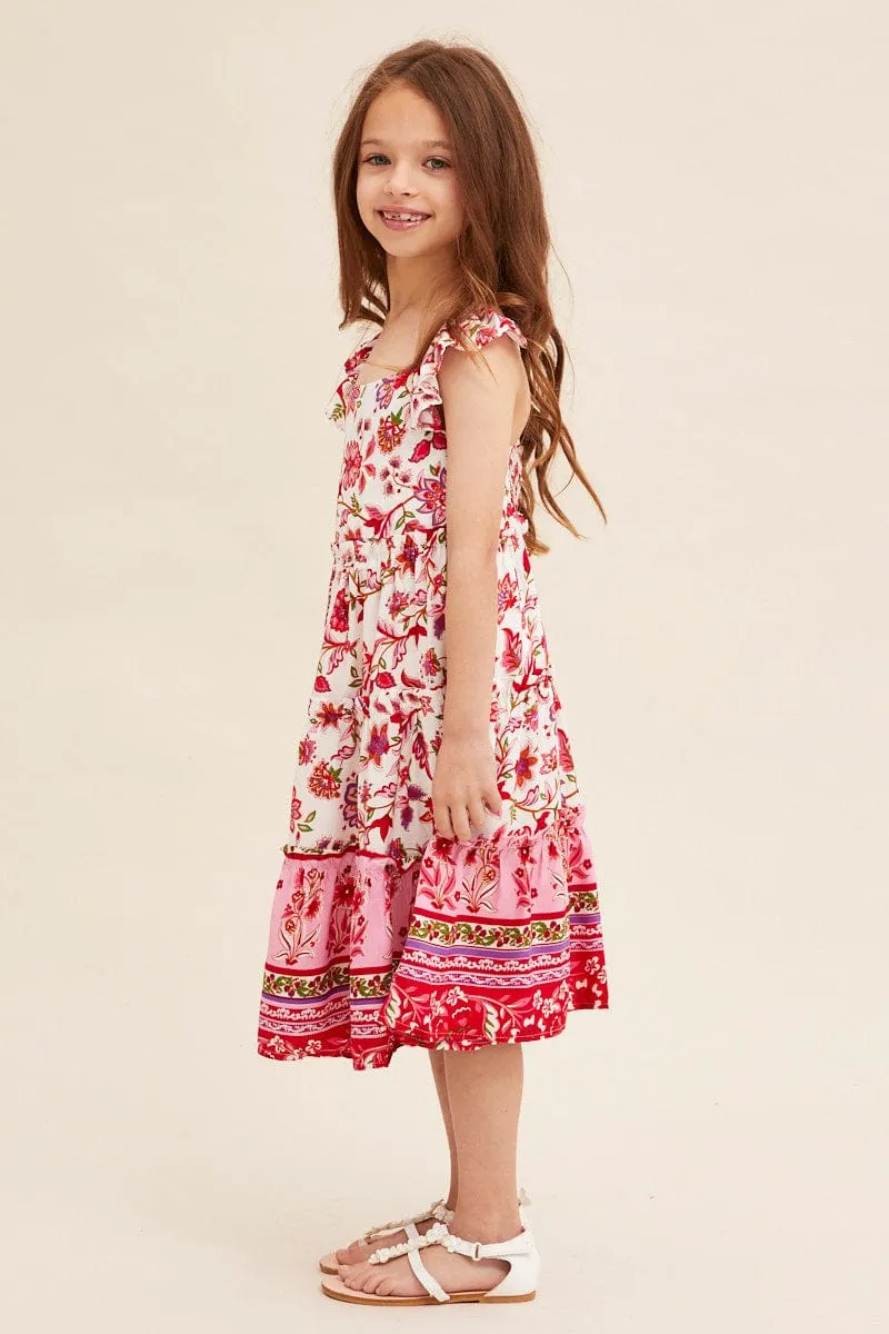 Pink Boho Kids Midi Dress Tiered