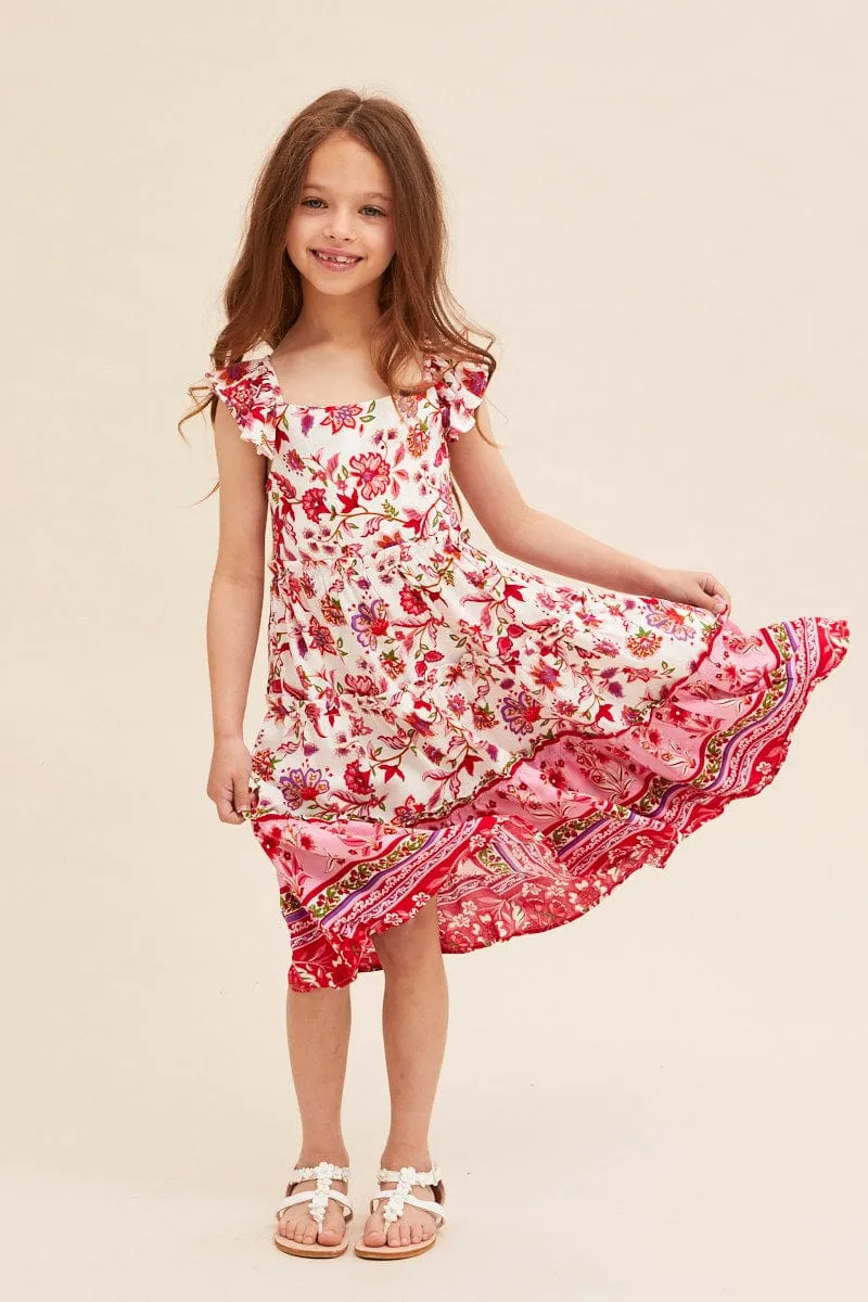 Pink Boho Kids Midi Dress Tiered