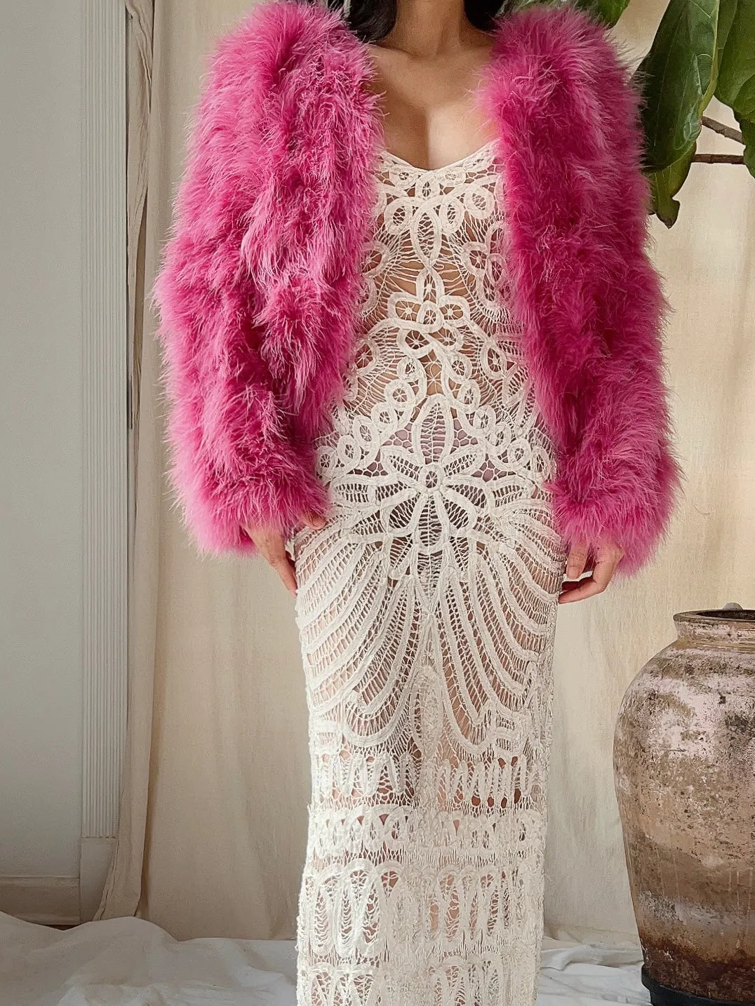 Pink Marabou Feather Jacket - S/M
