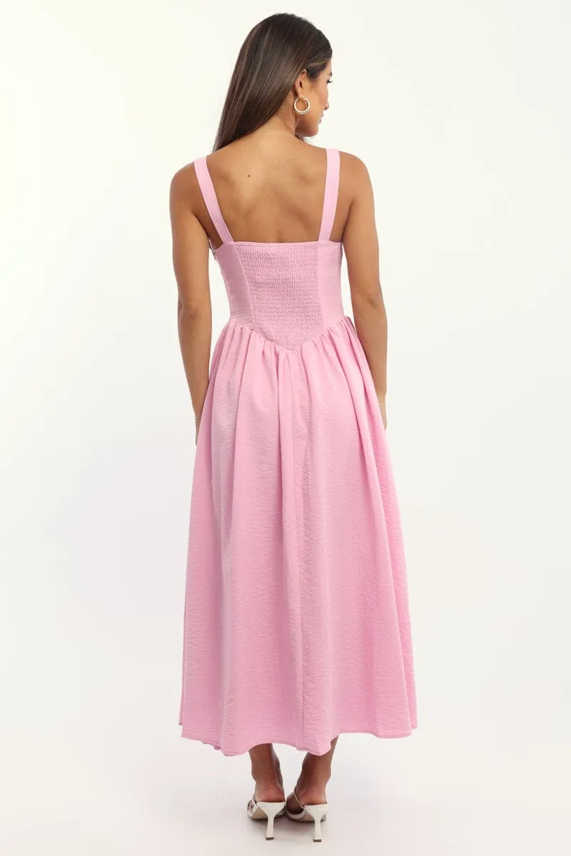 Pink Midi Dress Gathered Bust