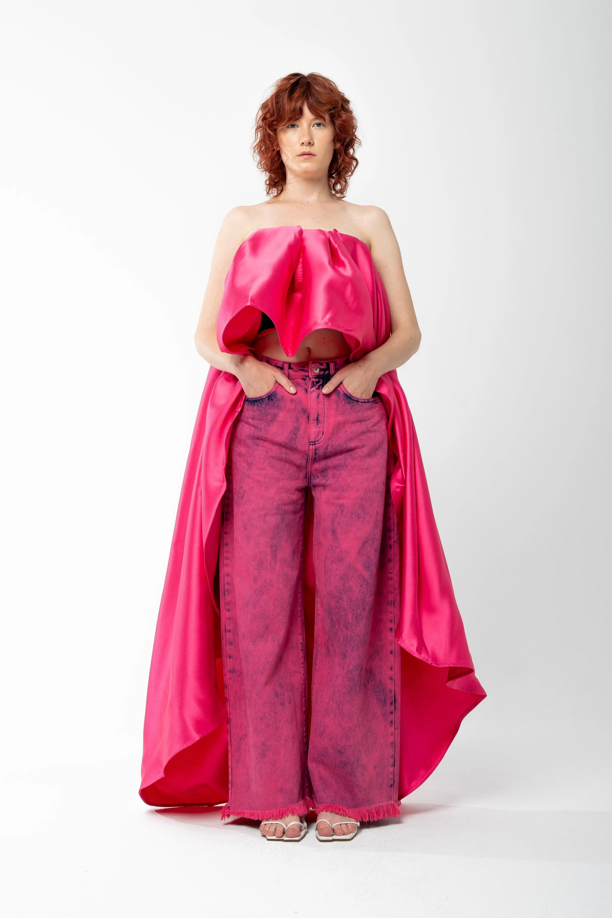 PINK PLEATED STRAPLESS TOP WITH LONG BACK