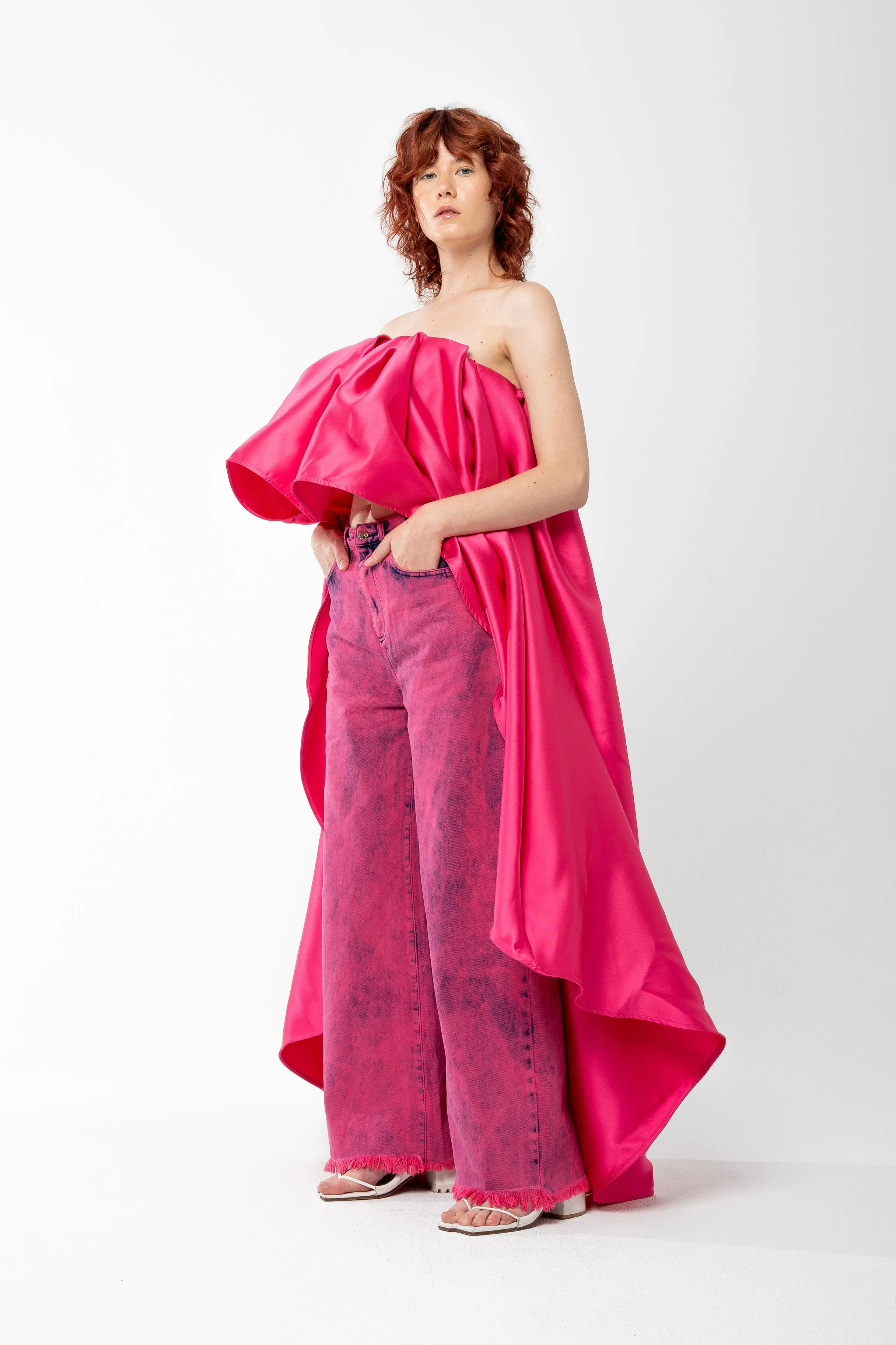 PINK PLEATED STRAPLESS TOP WITH LONG BACK