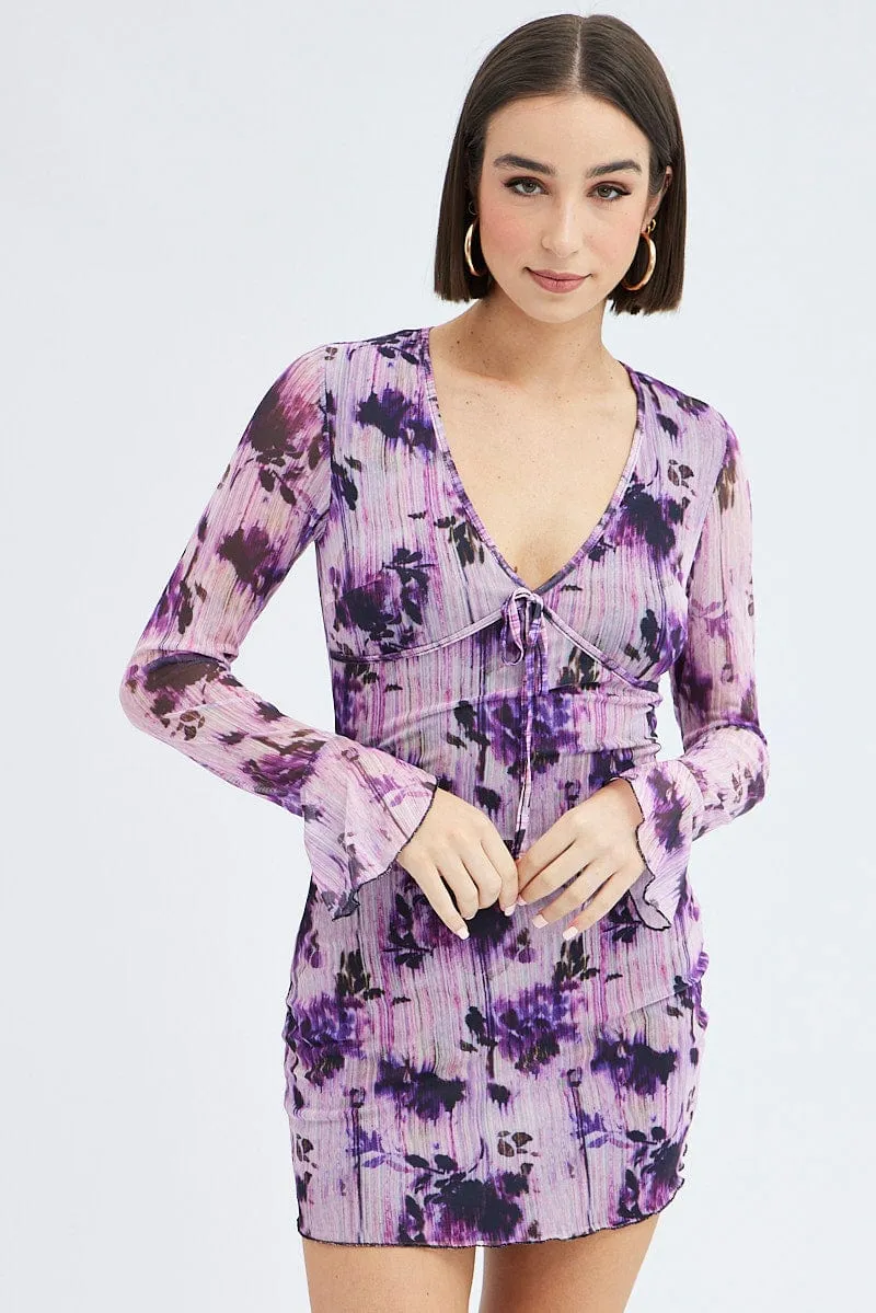 Purple Floral Mesh Dress Long Sleeve Mini