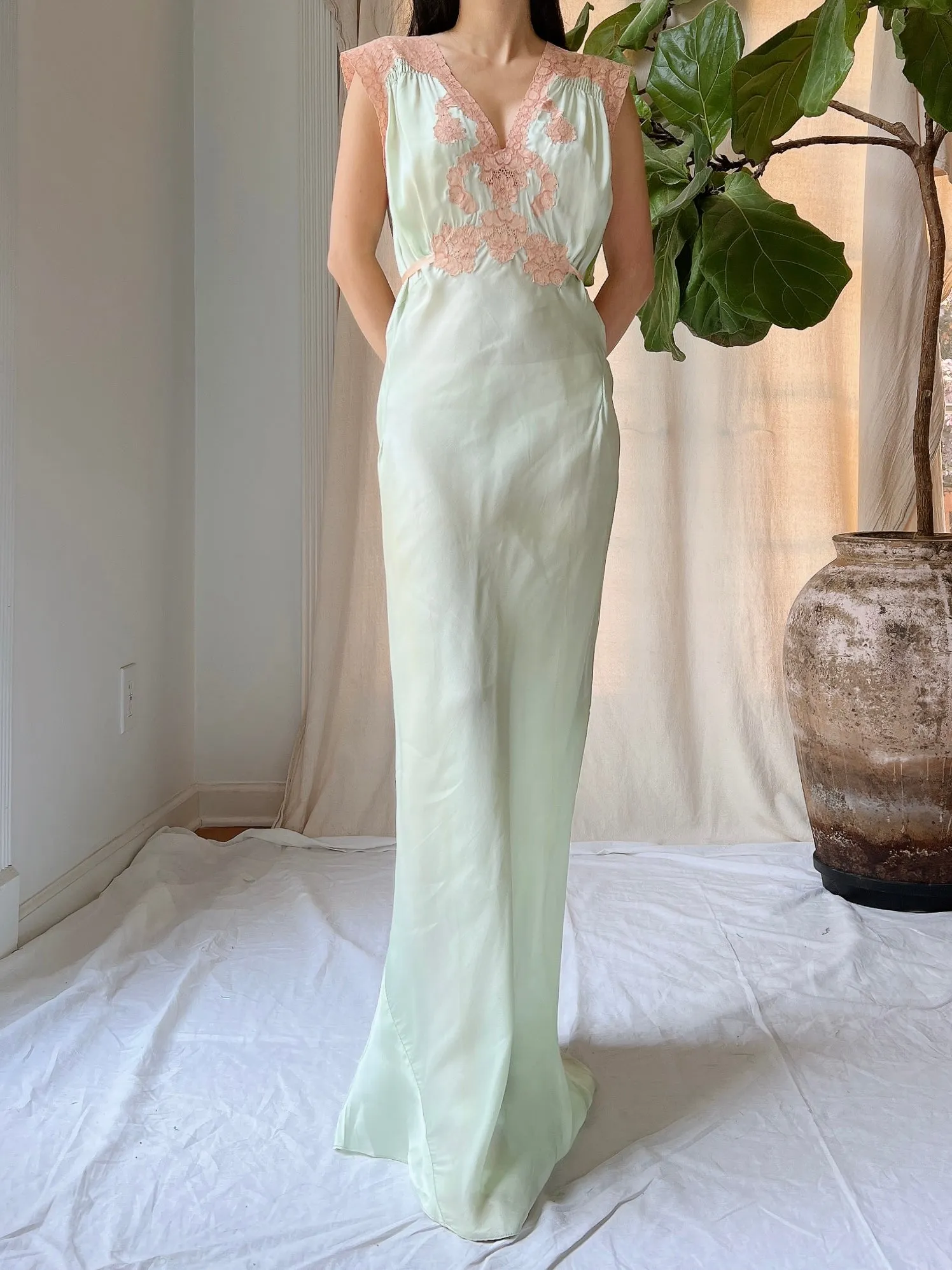 Rare 1930s Celadon Silk Gown - S/M