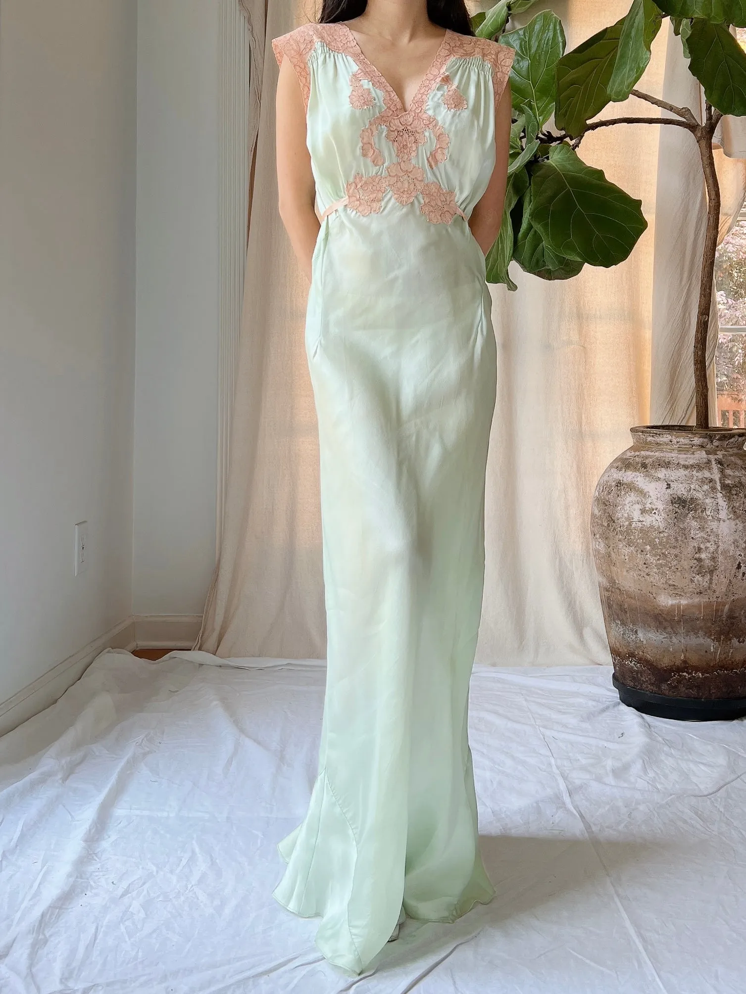 Rare 1930s Celadon Silk Gown - S/M
