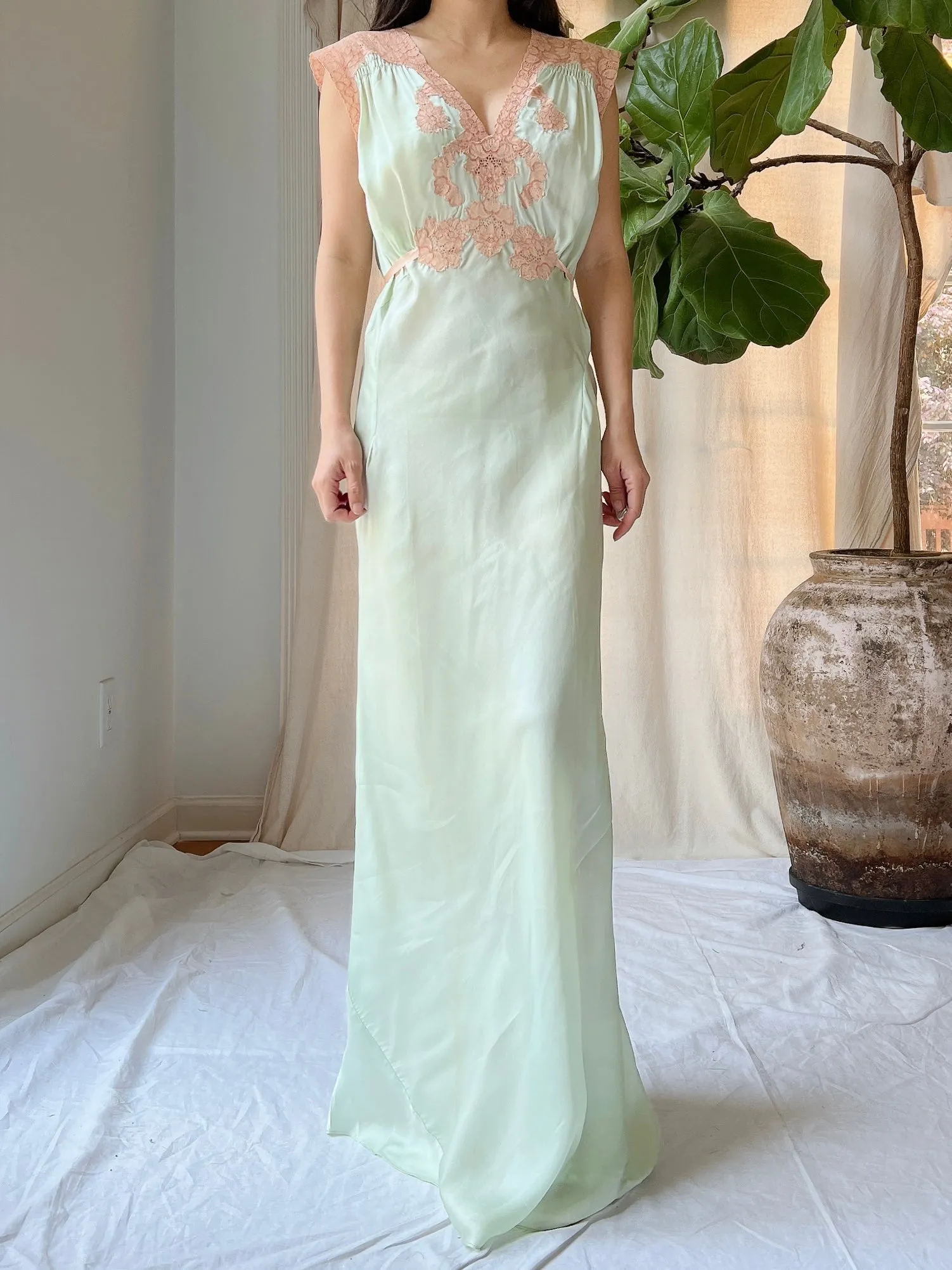 Rare 1930s Celadon Silk Gown - S/M
