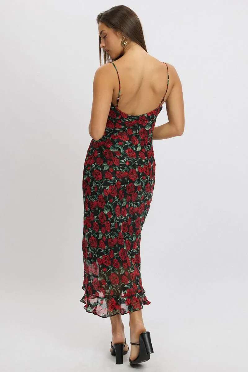 Red Floral Midi Dress Bias Chiffon