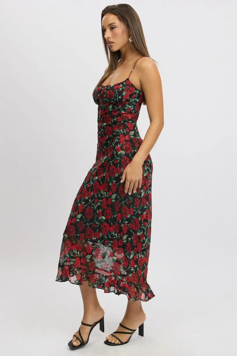 Red Floral Midi Dress Bias Chiffon