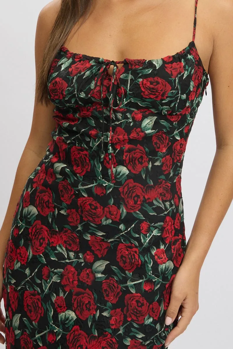 Red Floral Midi Dress Bias Chiffon