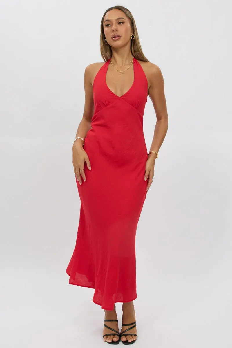 Red Halter Neck Dress Midi