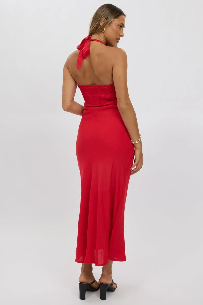 Red Halter Neck Dress Midi