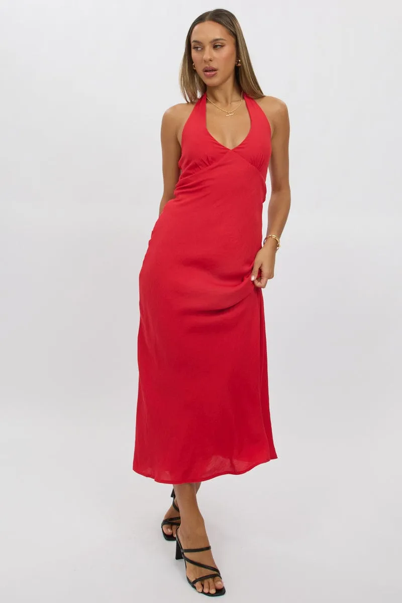 Red Halter Neck Dress Midi