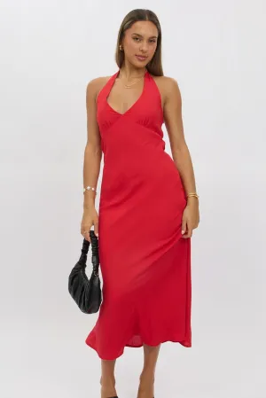 Red Halter Neck Dress Midi