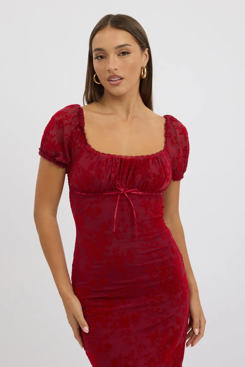 Red Maxi Dress Puff Sleeve Burn Out