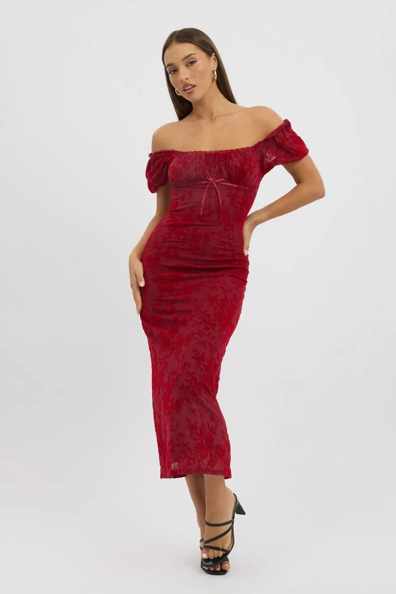 Red Maxi Dress Puff Sleeve Burn Out