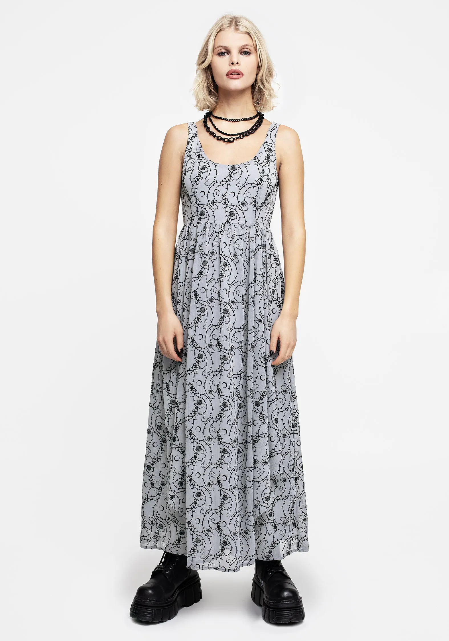 Rosethorn Flocked Velour Chiffon Ruffle Midaxi Dress - Blue