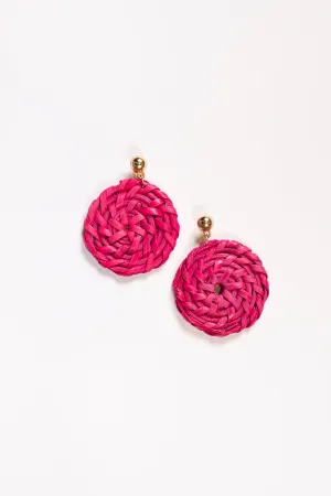 Round Raffia Earrings in Hot Pink