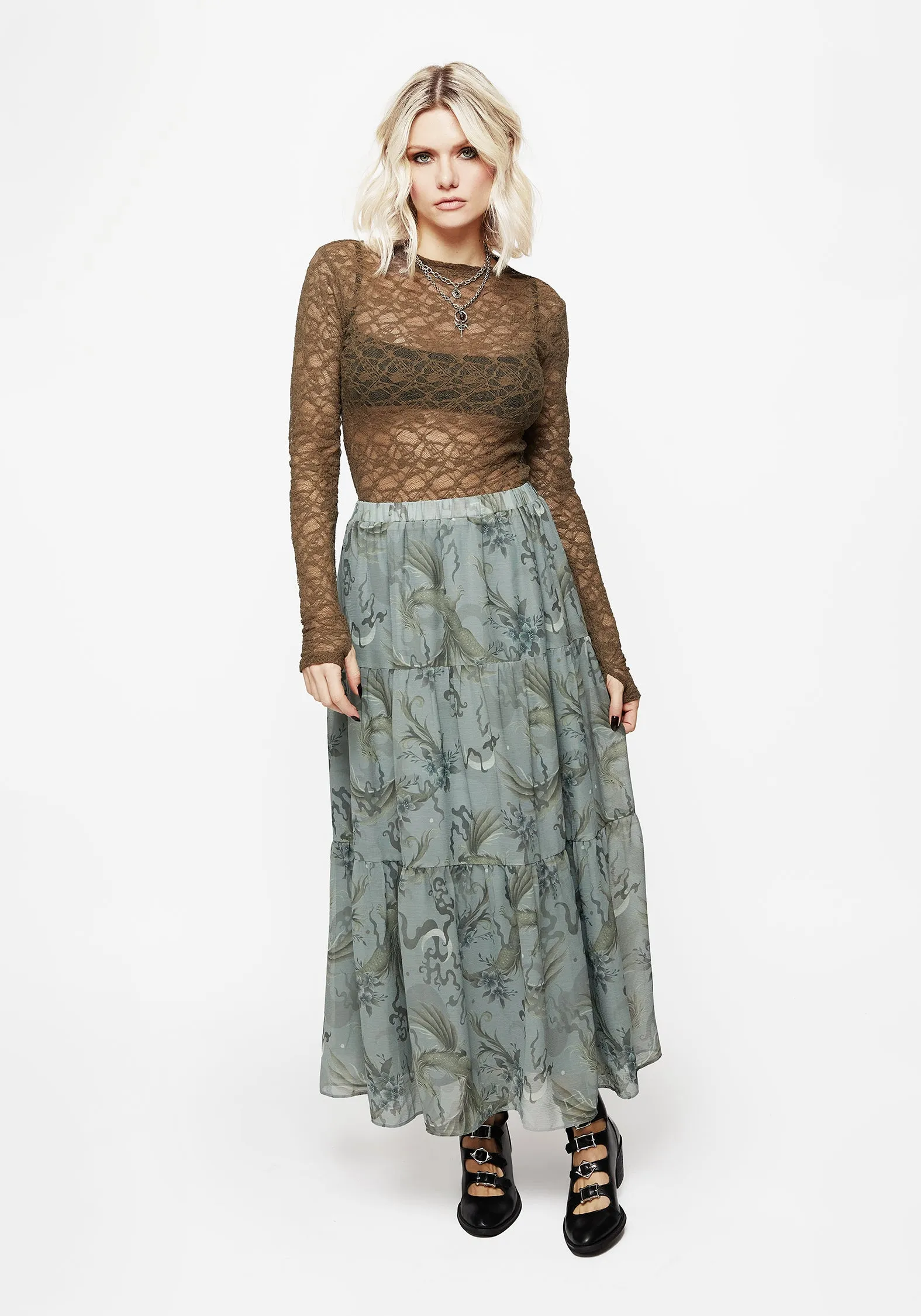 Sapphira Dragon Print Chiffon Tiered Maxi Skirt