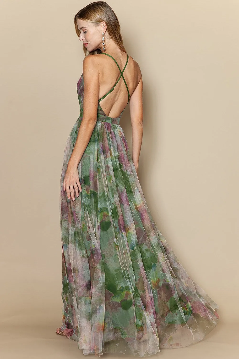 Sasha Tulle Maxi Dress in Multi Green