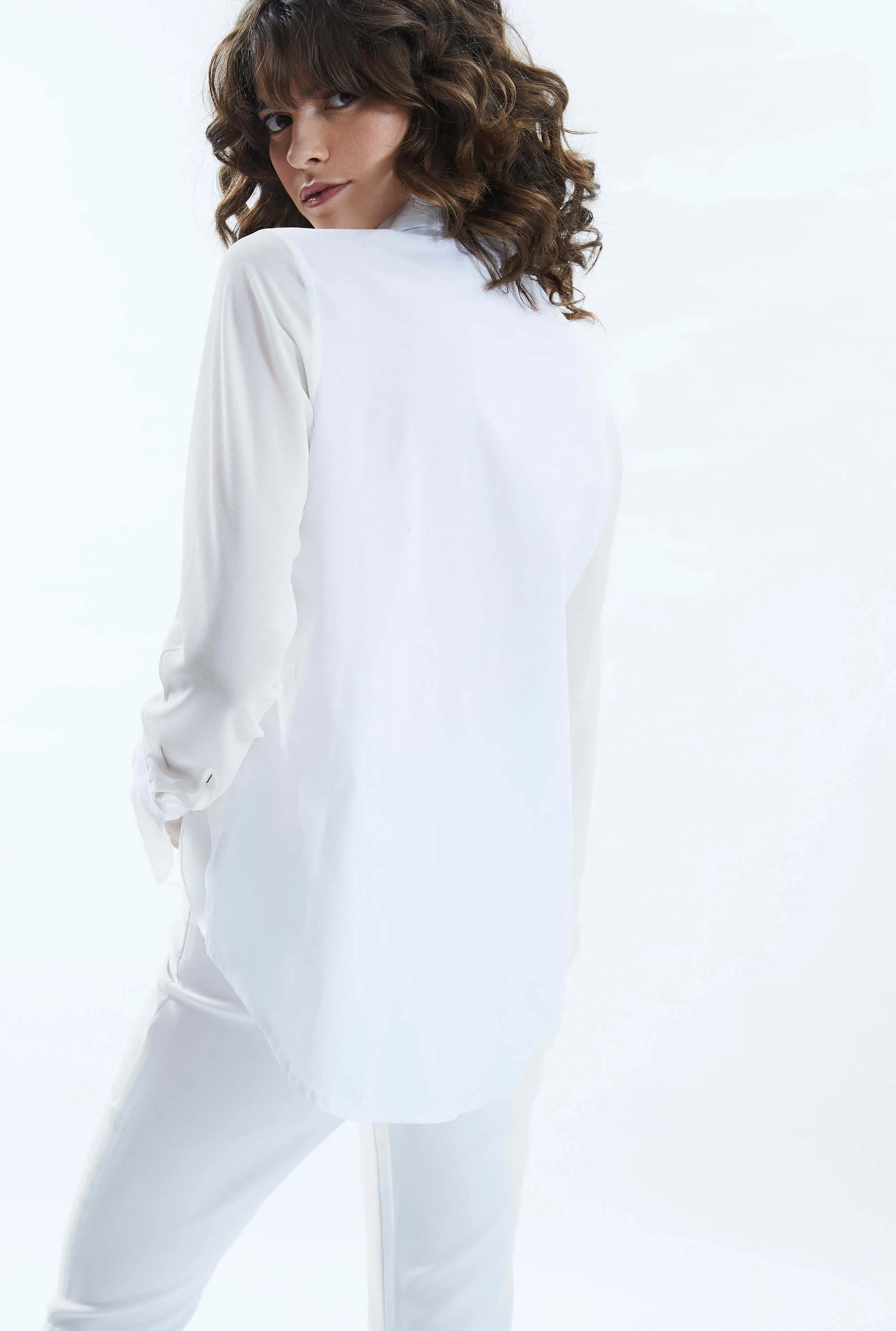 Sheer Sleeve Ruffle Shirt White