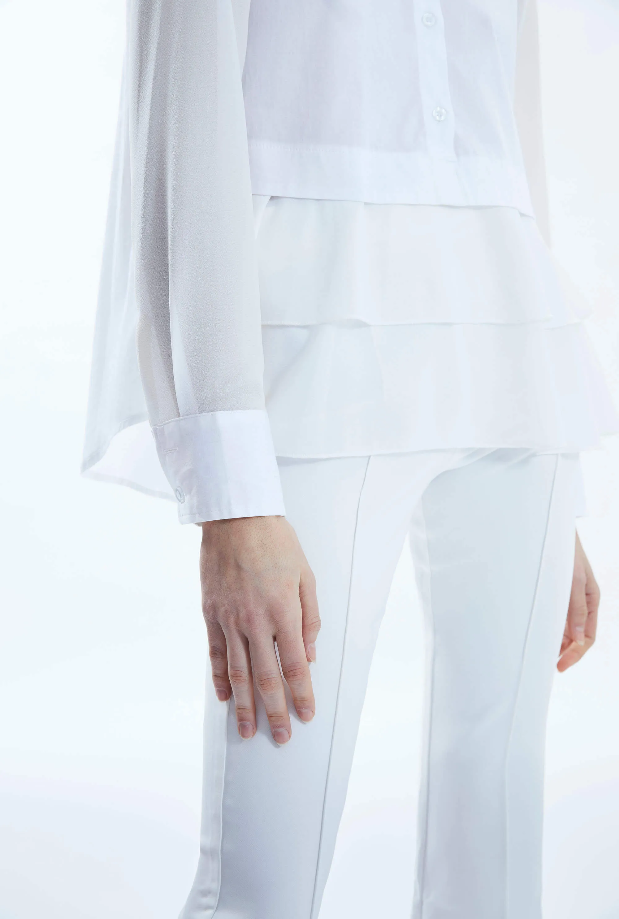 Sheer Sleeve Ruffle Shirt White