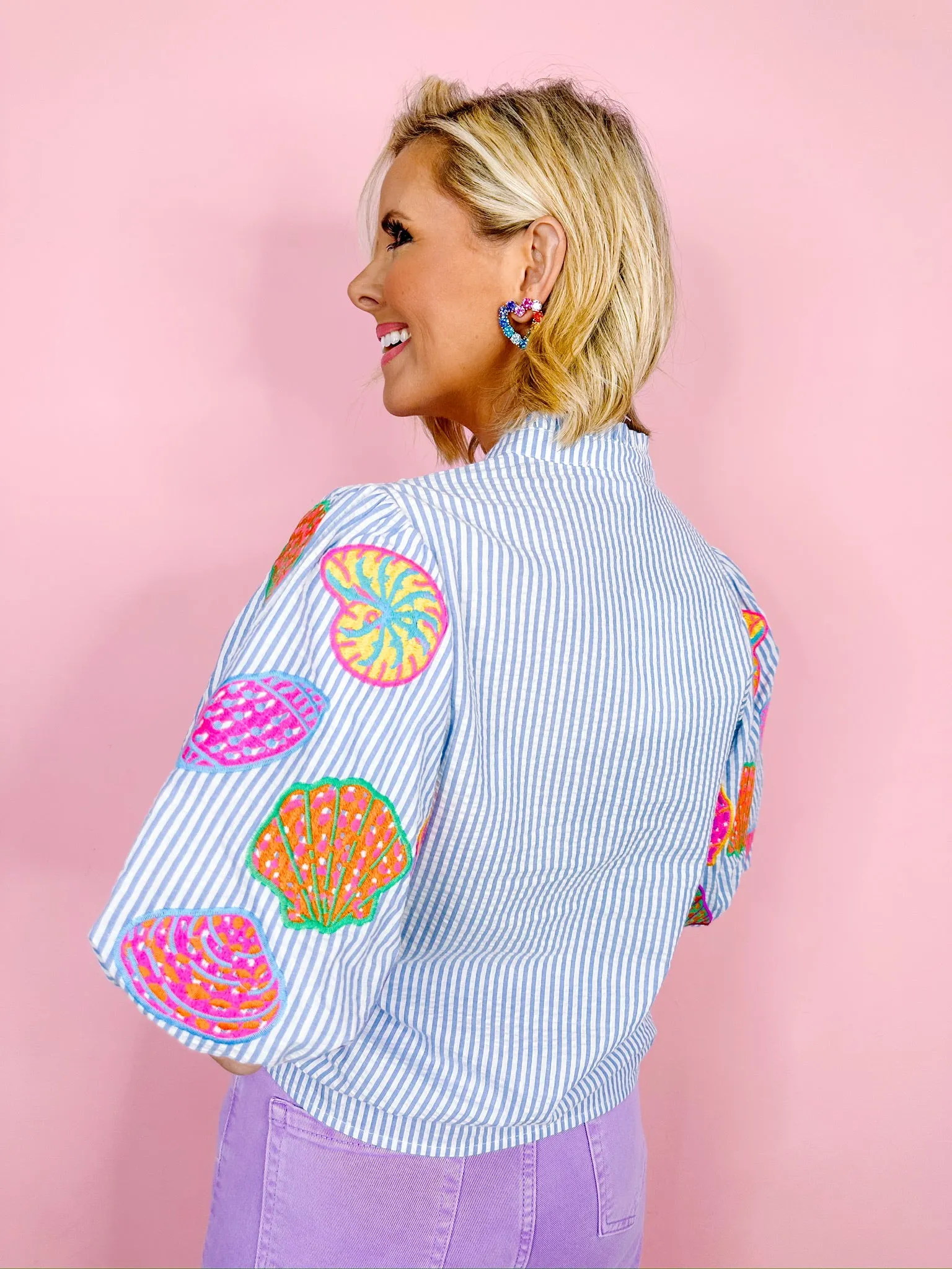 SHELLEBRATE SEERSUCKER PUFF SLEEVE TOP - BLUE