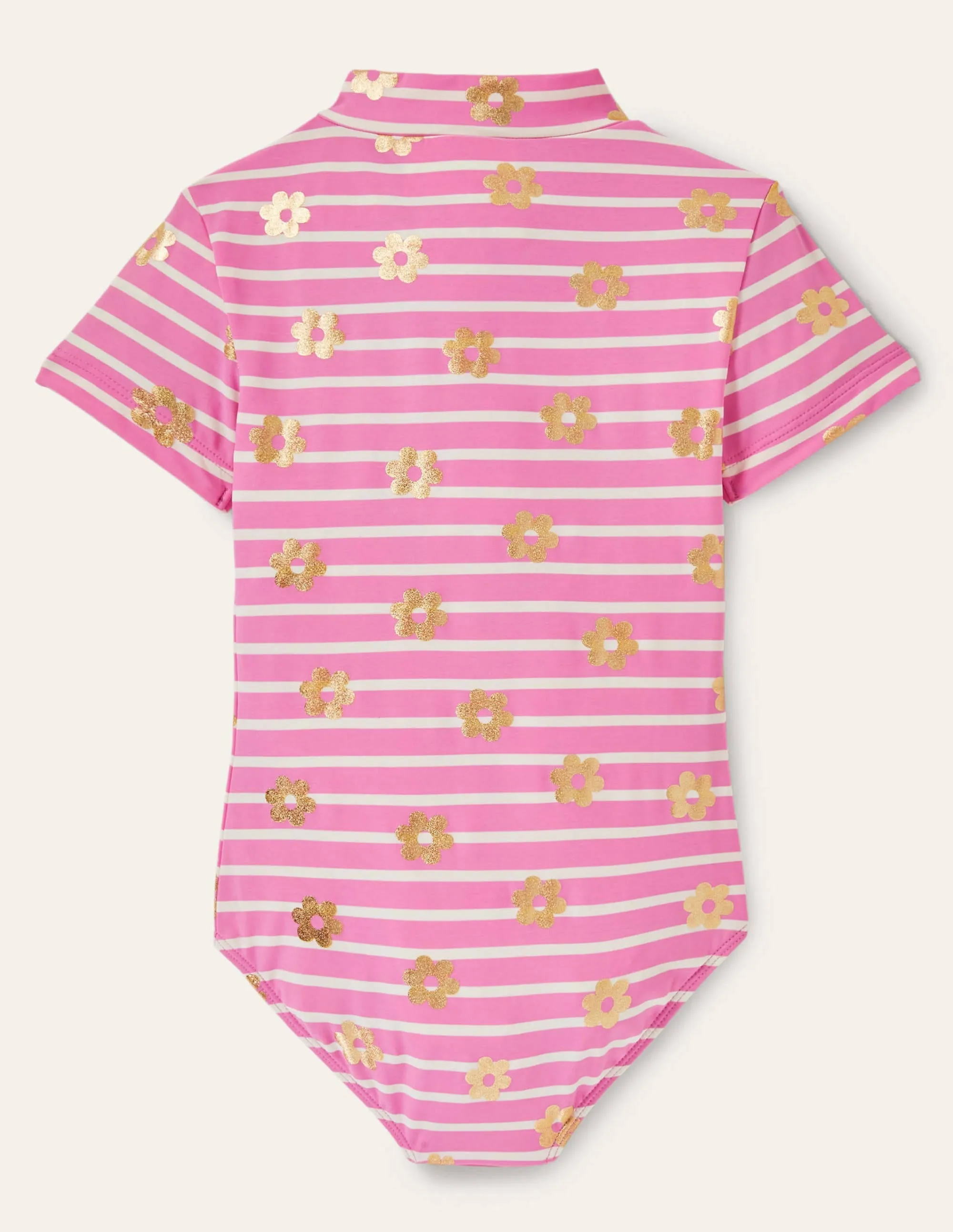 Short-sleeved Swimsuit-Strawberry Pink Foil Daisy