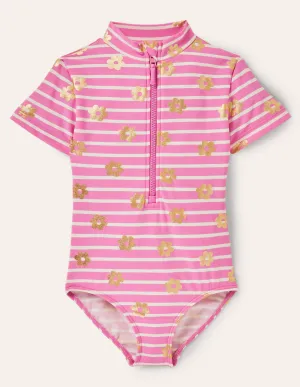 Short-sleeved Swimsuit-Strawberry Pink Foil Daisy
