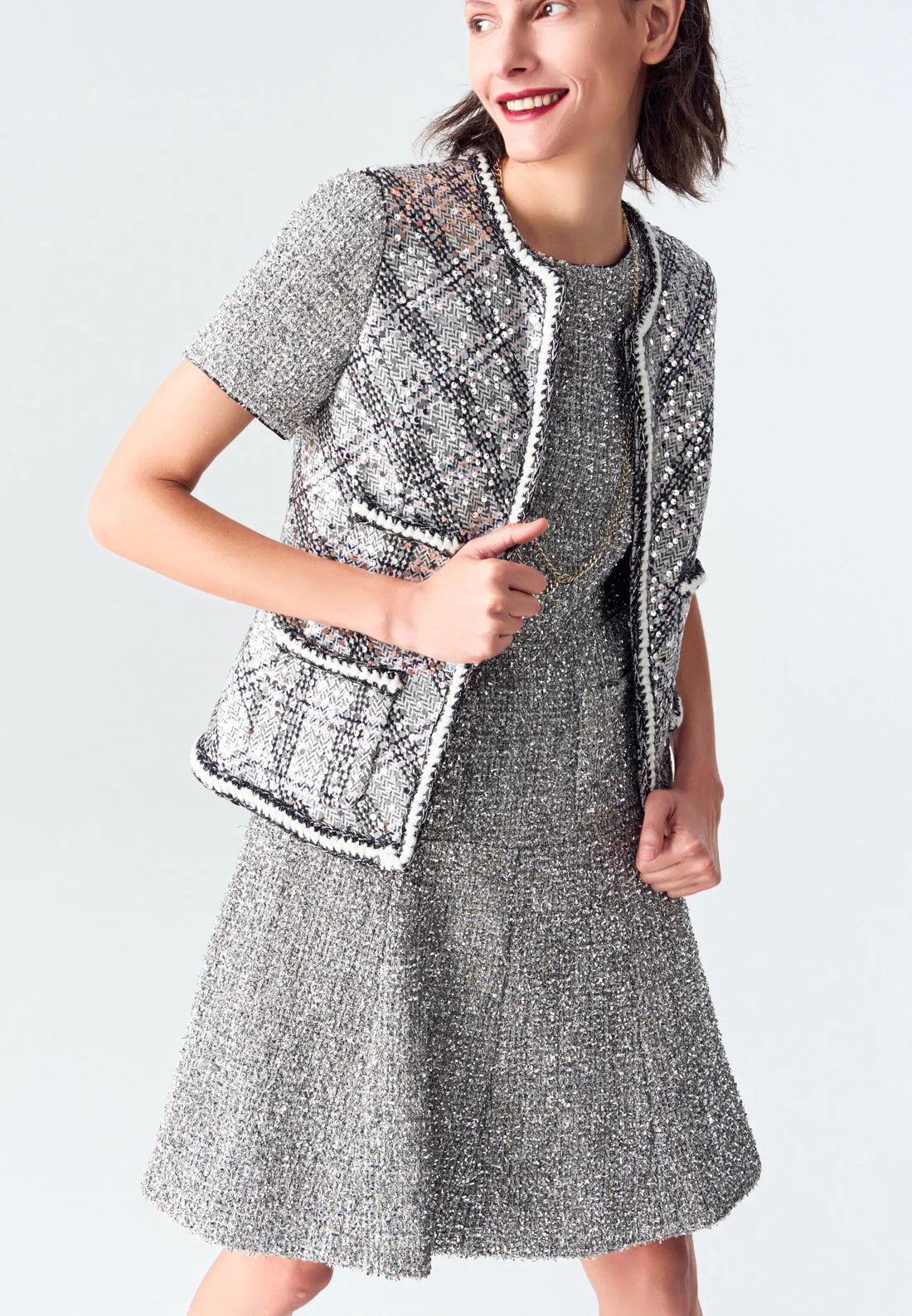 Silver Lurex Tweed Midi Dress