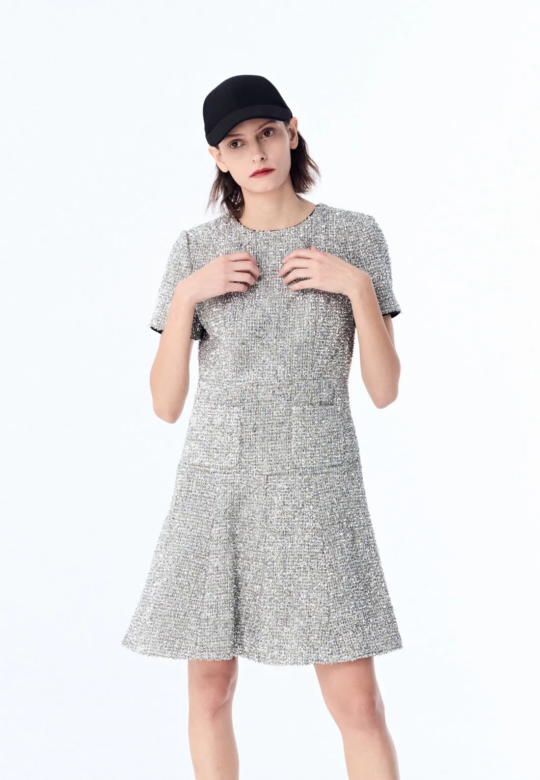 Silver Lurex Tweed Midi Dress