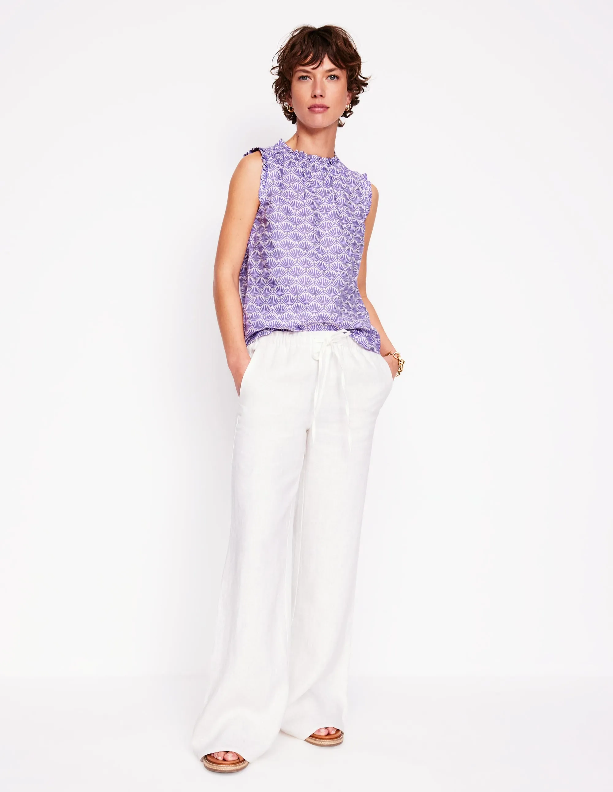 Sophie Ruffle Linen Top-Purple. Deco Palm