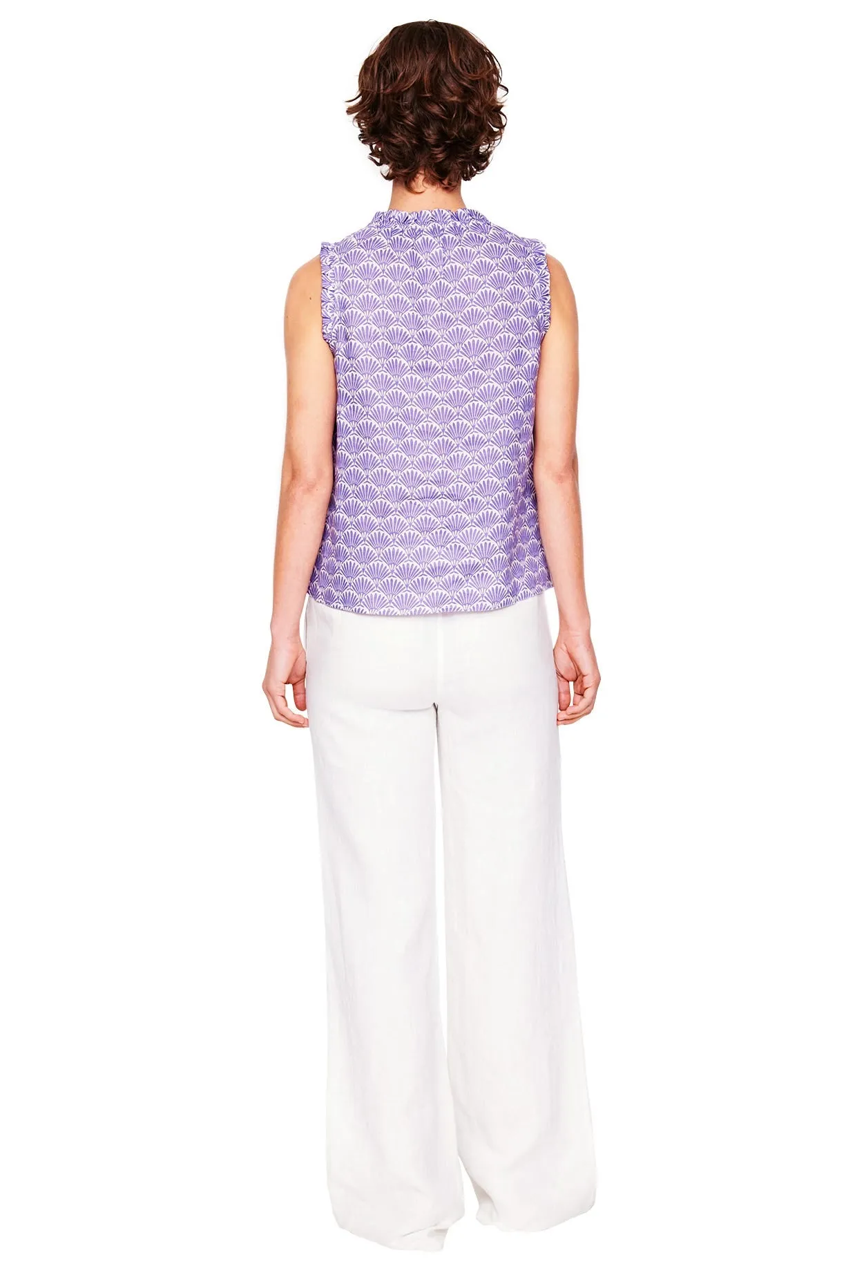 Sophie Ruffle Linen Top-Purple. Deco Palm