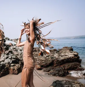 Suede Beige Mini Dress, Boho Dress
