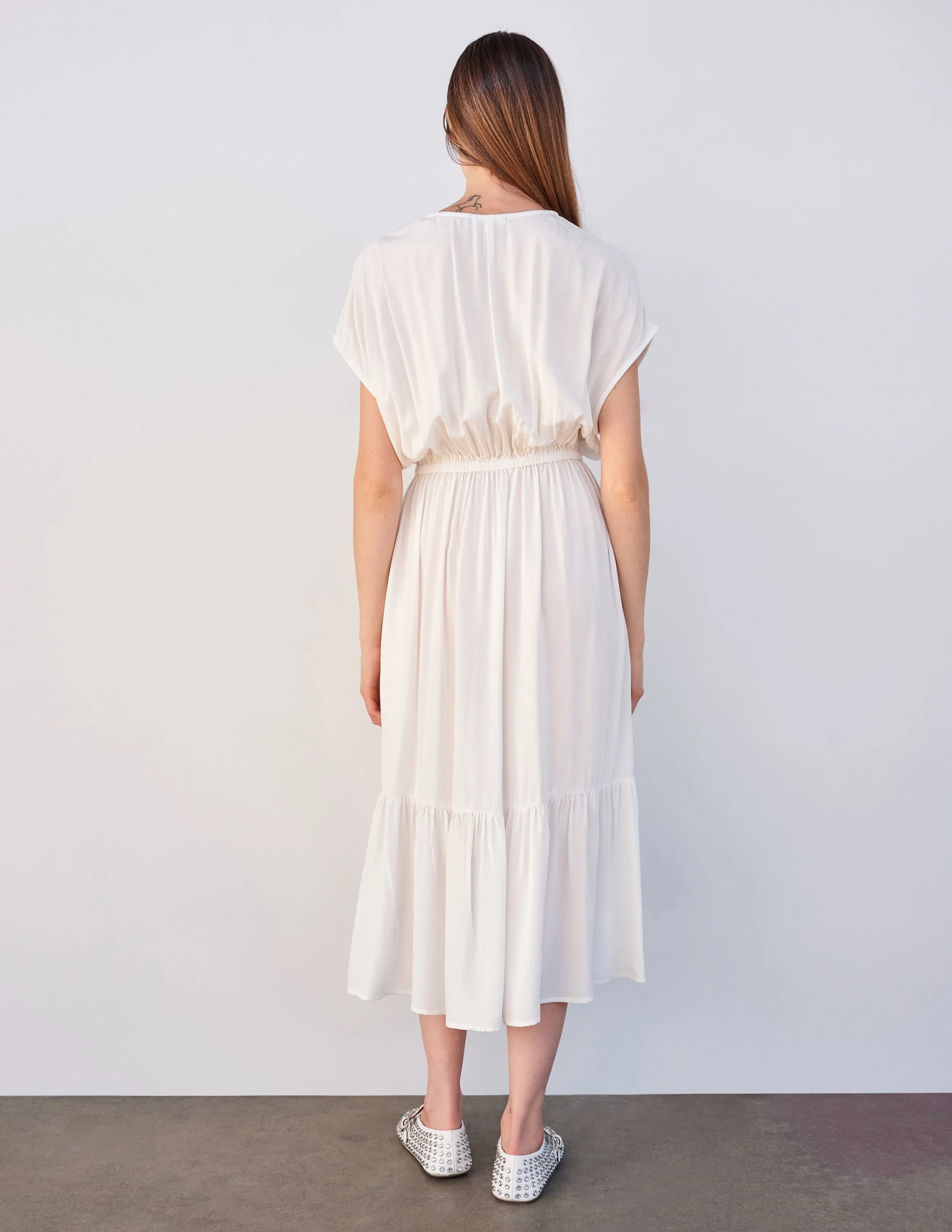 Sundry Midi Dress with Ruffle in Cream