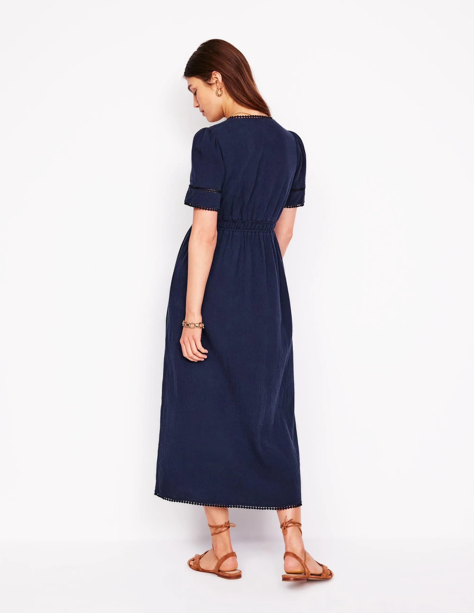 Trim Double Cloth Dress-Navy