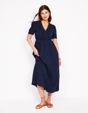 Trim Double Cloth Dress-Navy