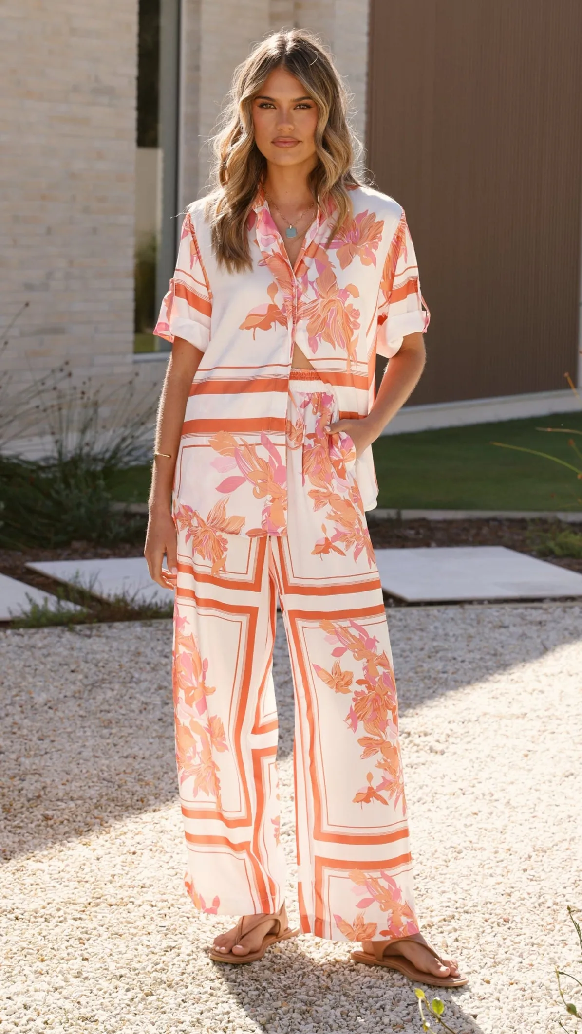 Vallerie Button Up Shirt - Orange/White Print