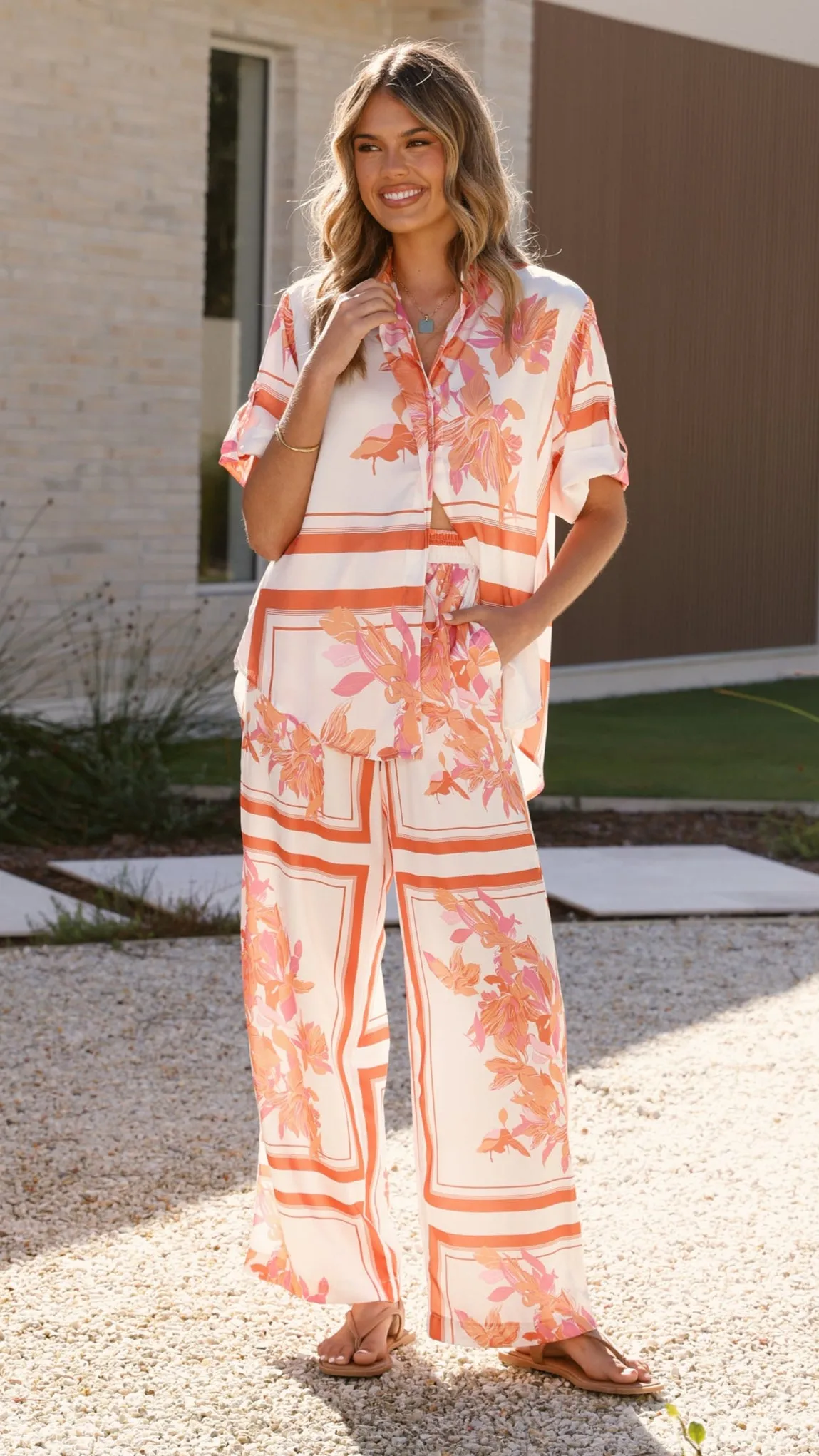 Vallerie Button Up Shirt - Orange/White Print