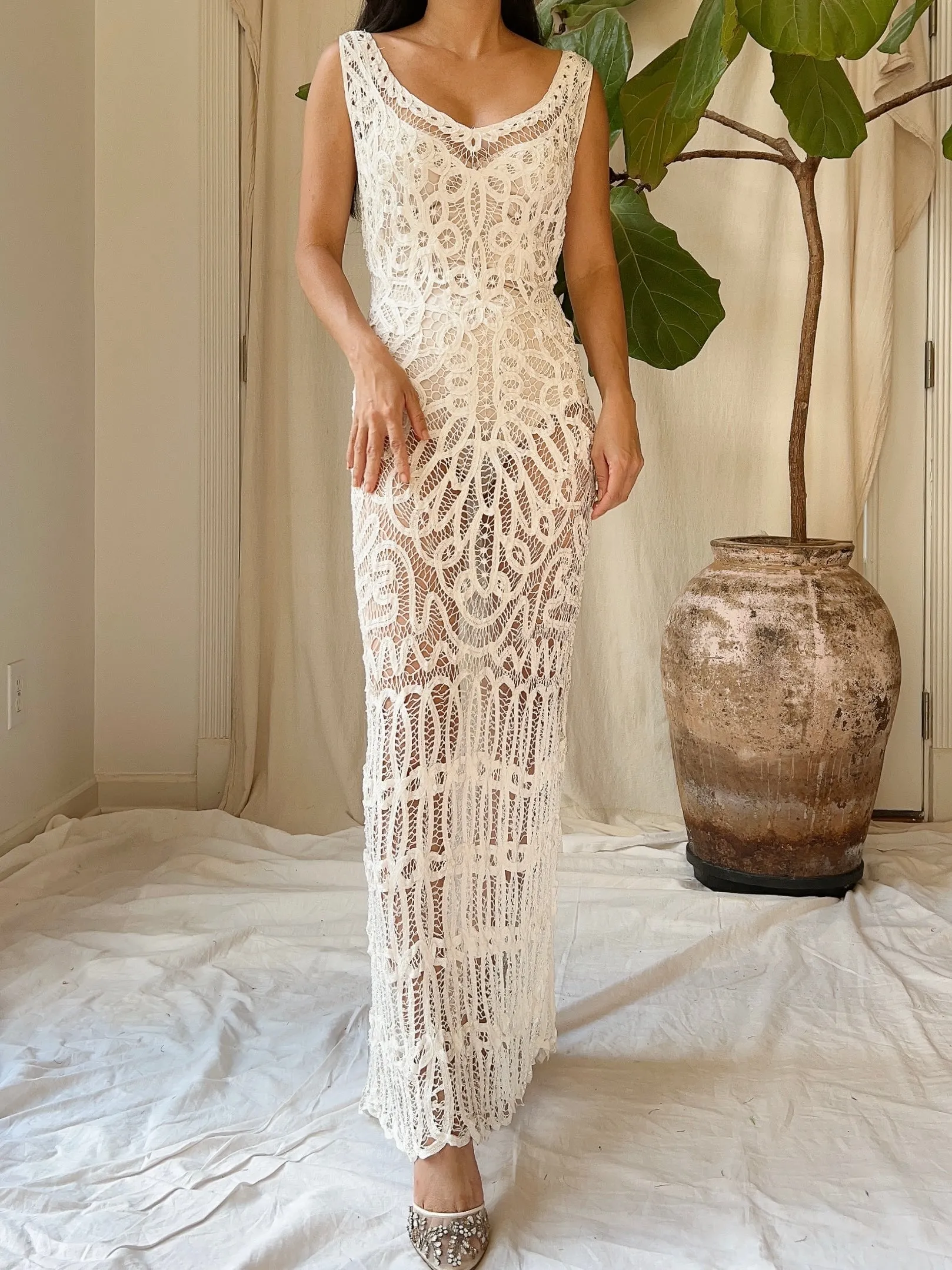 Vintage Battenburg Crochet Lace Dress - S/M