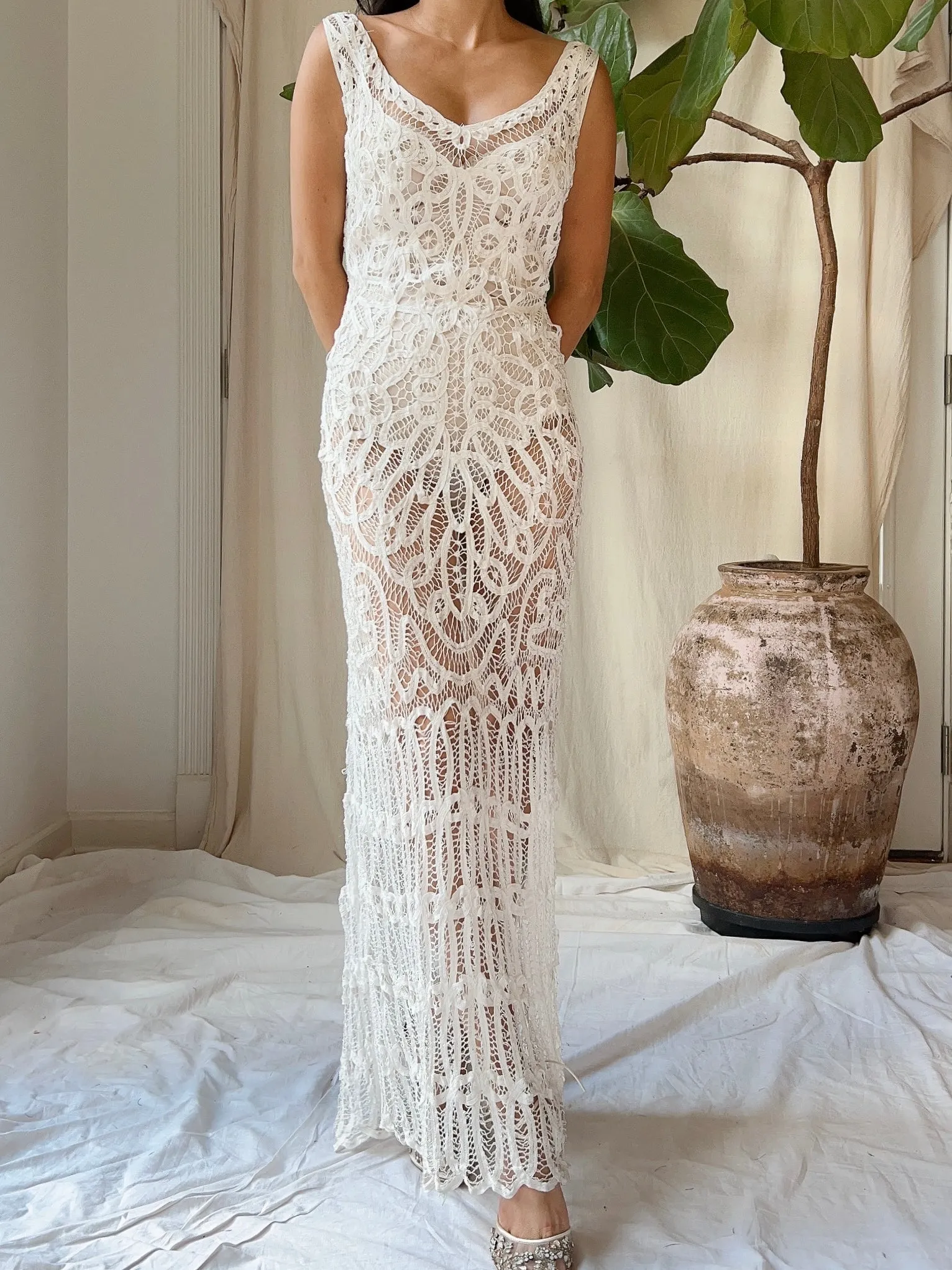 Vintage Battenburg Crochet Lace Dress - S/M