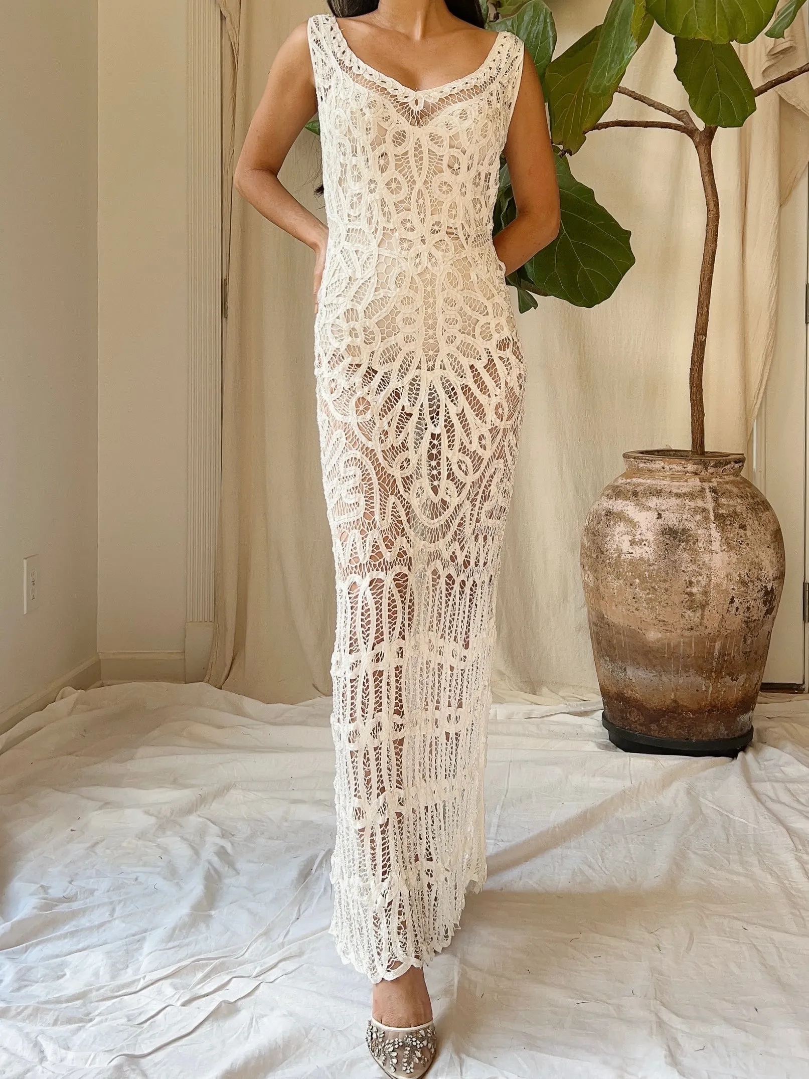 Vintage Battenburg Crochet Lace Dress - S/M