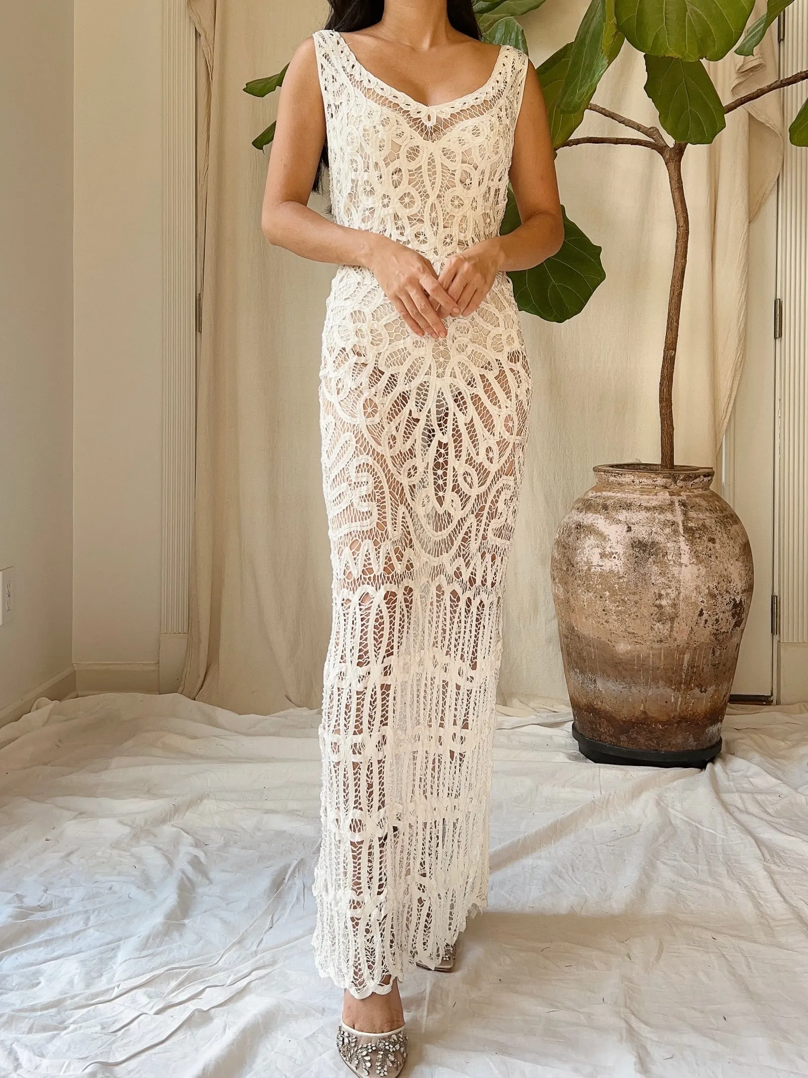 Vintage Battenburg Crochet Lace Dress - S/M