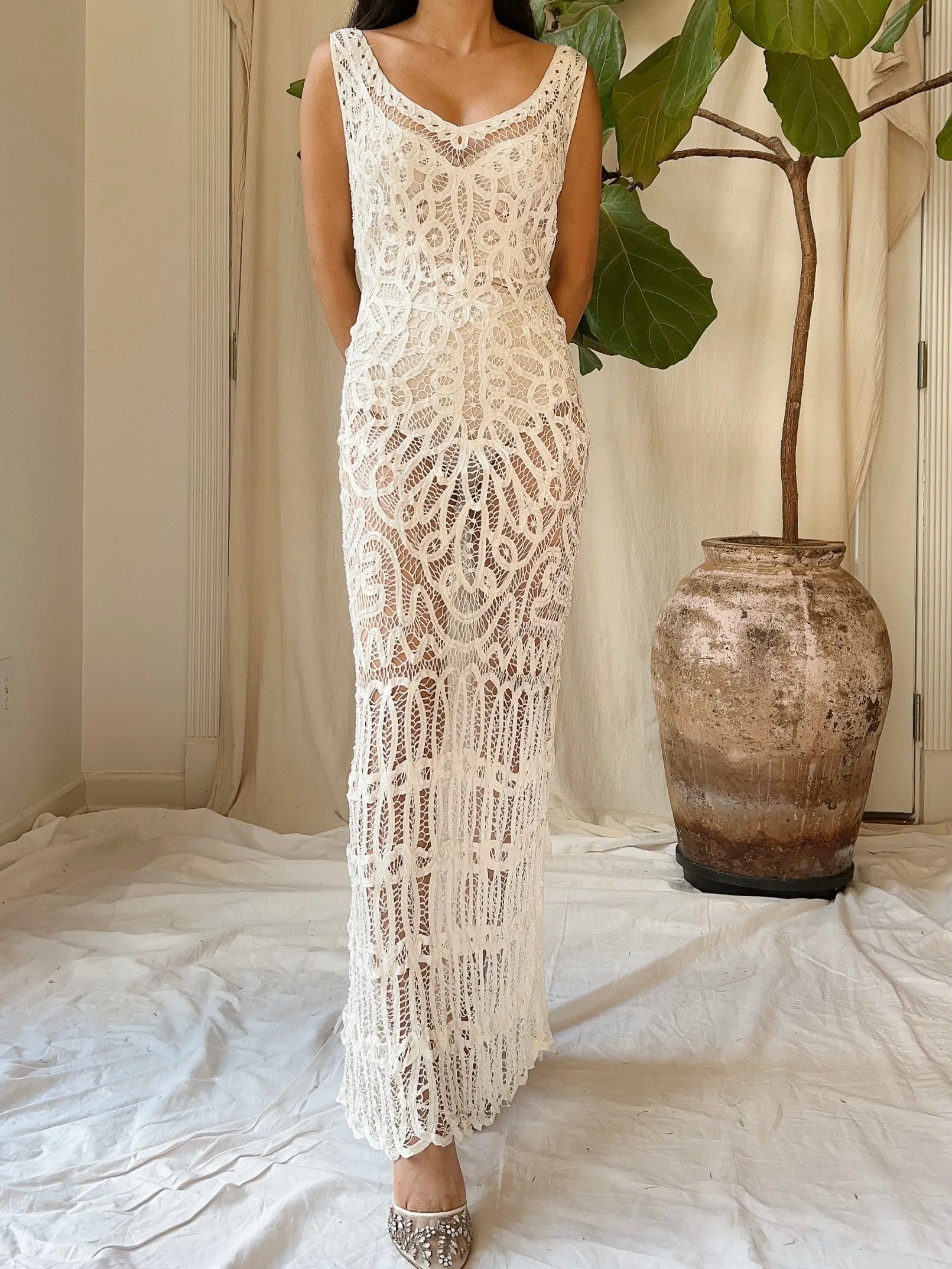 Vintage Battenburg Crochet Lace Dress - S/M