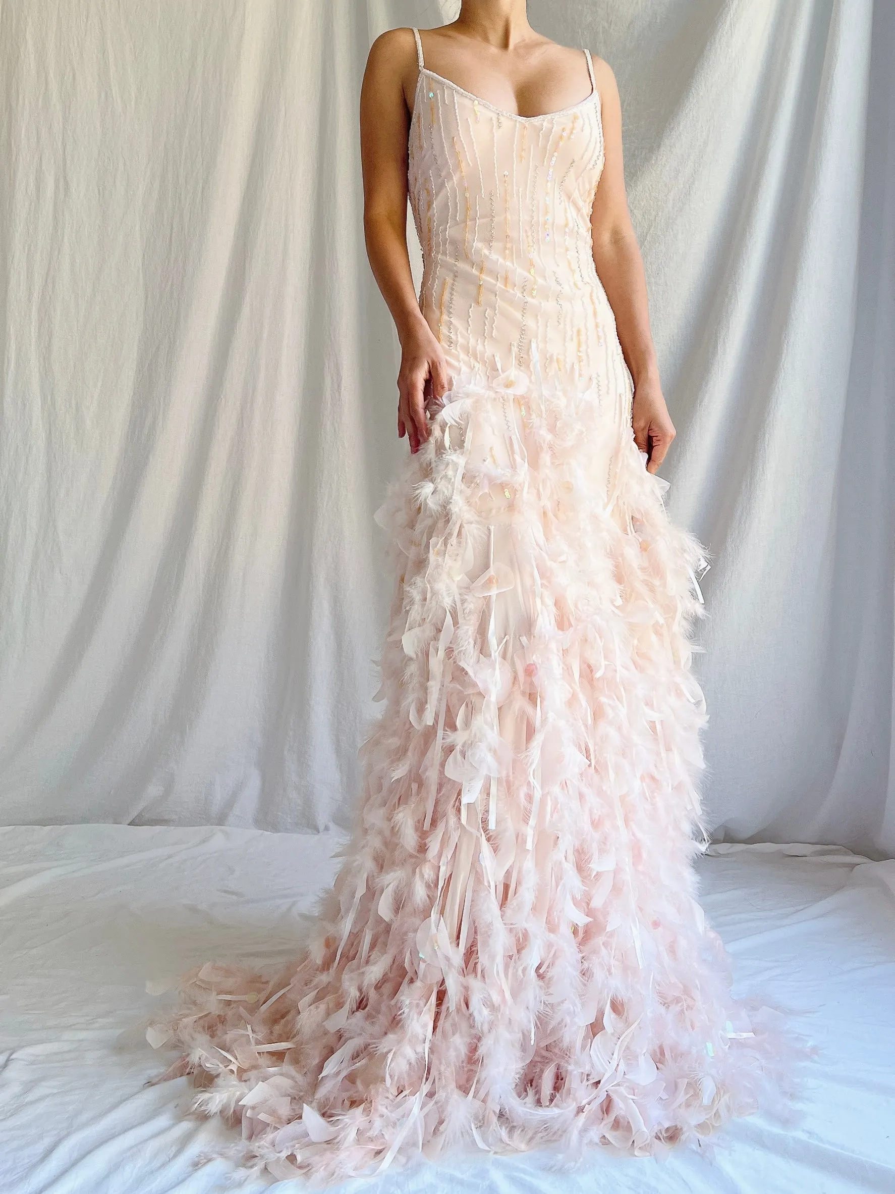 Vintage Blush Silk Feathered Gown - M