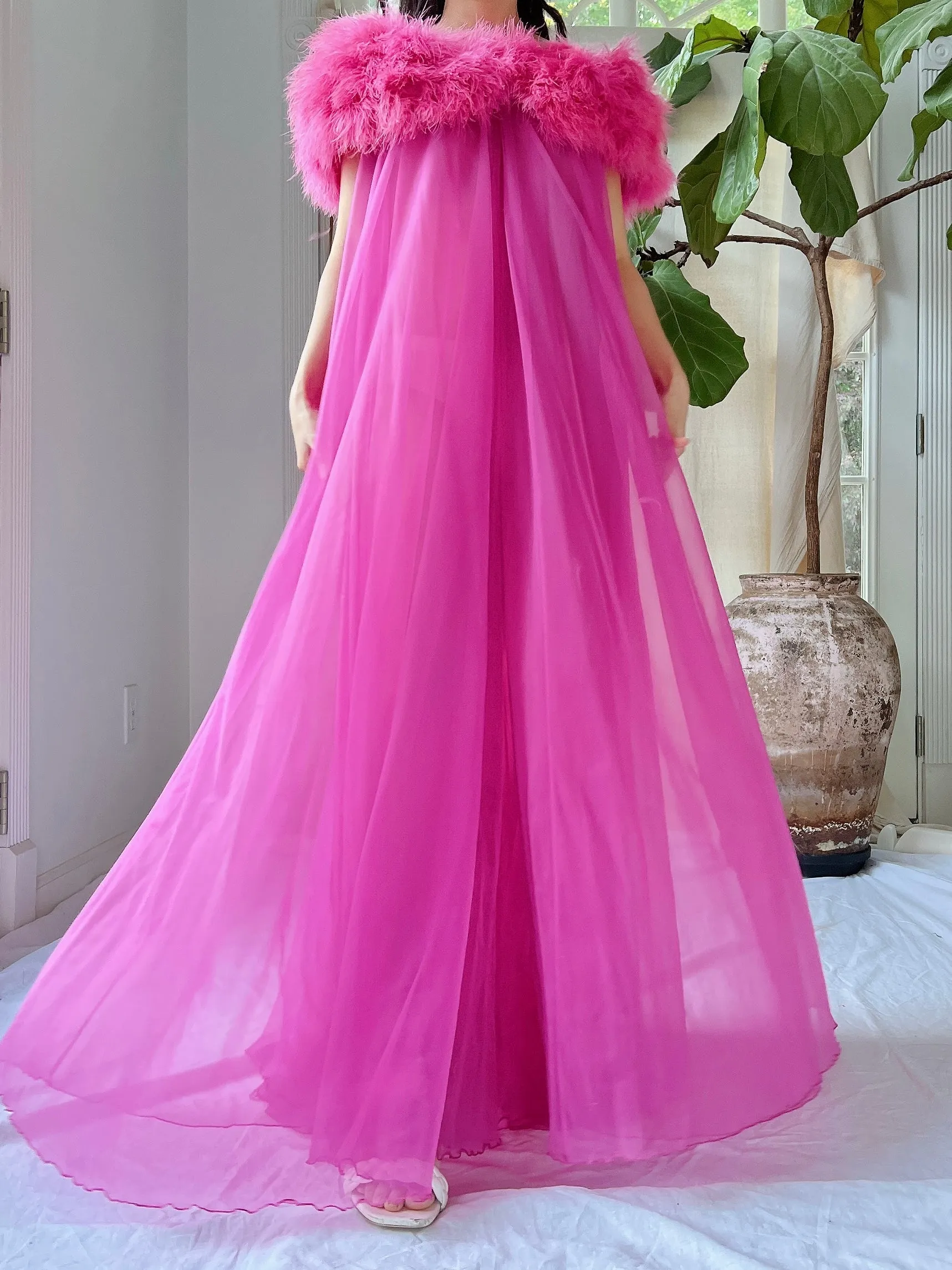 Vintage Feather Collar Nylon Dressing Gown - OSFM